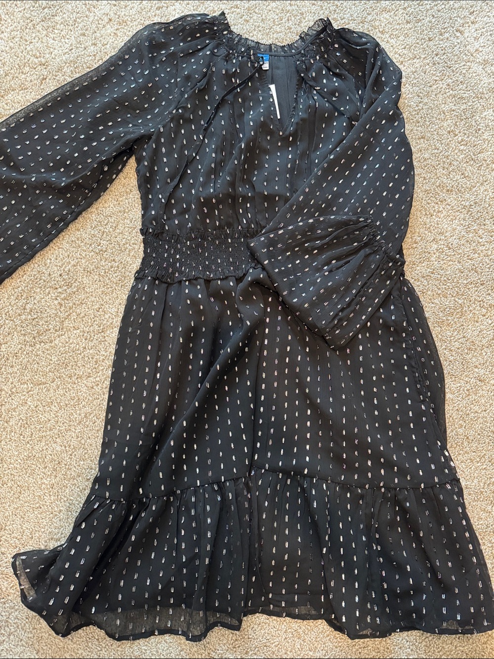 Old Navy Black Dress with Silver Dot Print and Smocked Waist